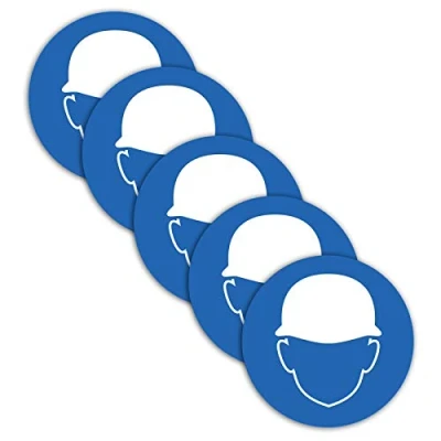 Imagen de STROBO 5 pegatinas de Uso obligatorio casco, protección para la cabeza ISO 7010, 9,5 cm diámetro, con UV exteriores e interiores