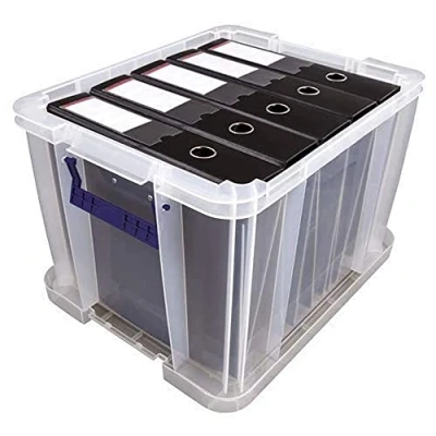 Imagen de BANKERS BOX Cajas de almacenamiento plástico 36 L con tapas. apilables superfuertes (30 x 37 31 cm), fabricadas en el Reino Unido, transparentes