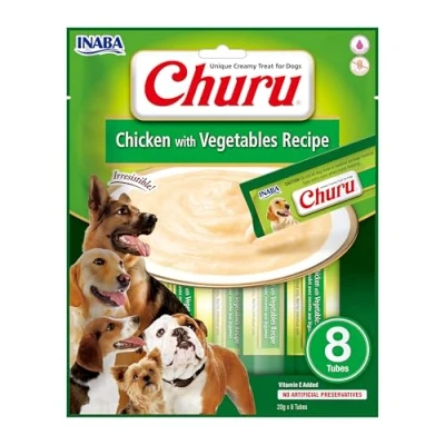 Imagen de INABA Churu Püree Snacks para Perros Deliciosos en prácticas porciones, sin Cereales, Pollo y Verduras (8x20g)