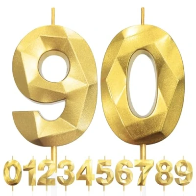 Imagen de Velas de 90 Cumpleaños Dorado, 3D Número 90, Vela para Pasteles, Feliz Cumpleaños,Velas Decoraciones Cumpleaños, Fiestas, Bodas, Aniversarios