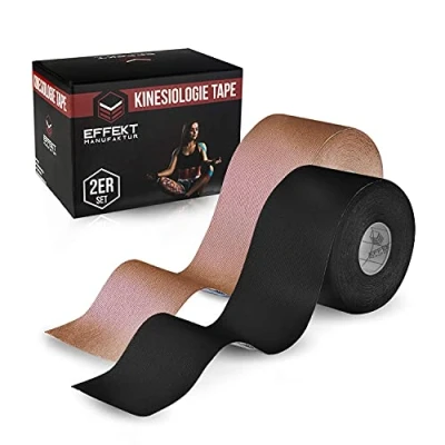Imagen de Cintas de kinesiología Effekt 5 m x cm 2 rollos (negro y beige) Vendaje kinesológico, elásticas, impermeables para el soporte muscular, recuperación lesiones, cinta médica deportiva