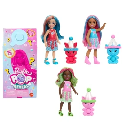 Imagen de Barbie Pop Reveal Colección Batidos Chelsea Conjunto con 5 sorpresas, incluida muñeca pequeña perfumada, una mascota barriguita que sobresale y cambio de color (los estilos pueden variar), JCN89