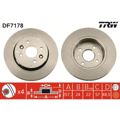 Imagen de TRW DF7178 Disco de freno 258 24 4 100 ventilado barnizado KIA: Cerato Berlina, SHUMA 2