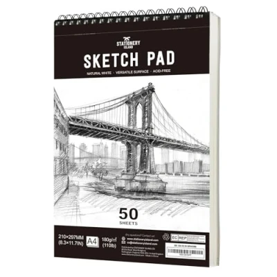 Imagen de STATIONERY ISLAND Bloc de Dibujo, A4 Sketchbook 180g/m² Papel Grueso, 100 Páginas/50 Hojas Encuadernadas en Espiral Cuaderno Dibujo 1 Pack