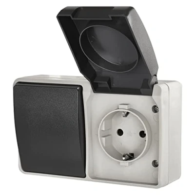 Imagen de EMOS interruptor y enchufe con protección de contacto, combinación Schuko e individual para montaje en pared, IP44 ambientes húmedos exteriores, color negro gris