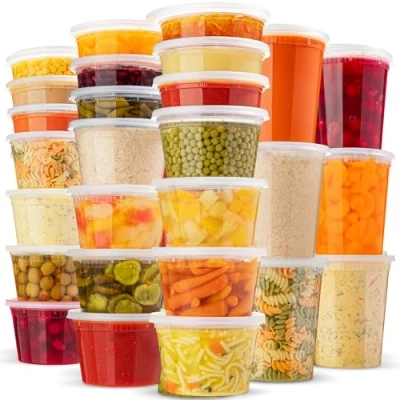Imagen de recipientes de almacenamiento alimentos con tapas, paquete variado, 3 tamaños, 8, 16 y 32 onzas, plástico sopa tapas herméticas, aptos