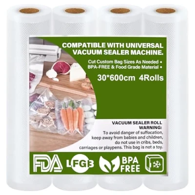 Imagen de GIBOHOM 4 Rollos Bolsas Vacio Alimentos 30 x 600 cm, Gofradas Envasar al 150µm BPA Free, Antidesgarro, Envasadora para Vacío e Sous Vide