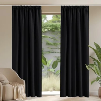 Imagen de PONY DANCE Cortina Negra Opaca Cortinas Termicas Aislantes Frio y Calor Dormitorio Matrimonio Blackout para Riel de Salon, 2 Piezas, 228x228 CM, Negro