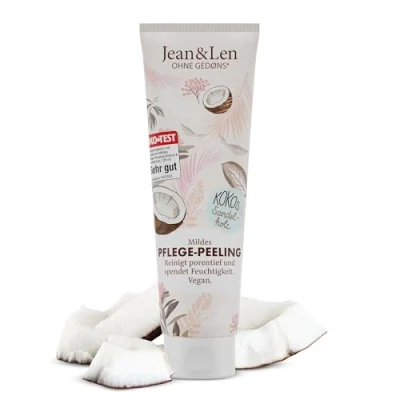 Imagen de Jean &amp; Len Suave exfoliante corporal de cuidado coco y sándalo, limpia en profundidad los poros nutre la piel, con perlas arena naturales, sin parabenos ni siliconas, vegano, 125 ml