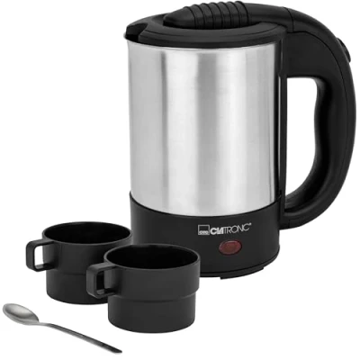 Imagen de Clatronic WKR 3624, hervidor de agua viaje, agua, Ideal para viajar y viajar, incl. 2 tazas 170 ml, transporte/Bolsa viaje cuchara café, acero inoxidable/negro