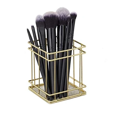 Imagen de Relaxdays Angular Portalápices Cuadrado Alambre Metal, Organizador Brochas Maquillaje, Escritorio, 10x9x9cm, Dorado, Hierro, 10 x 9 cm