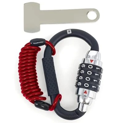 Imagen de KRASER KR723B Candado Mosquetón Casco Moto, Cerradura Combinación 4 Digitos Más Fuerte, Adaptador T y Cable Seguridad, Compacto Accesorio Antirrobo Universal para Moto Bicicleta Chaqueta