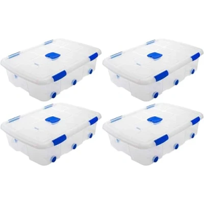 Imagen de AC Pack de 4 Cajas ordenación con Tapa y Ruedas plástico Transparente N.º 14, Capacidad 56 litros. Dimensiones Aprox.: 76,2 x 55,9 18,2 cm