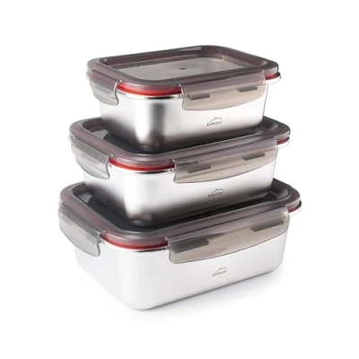 Imagen de LACOR 64617 Set 3 Recipientes para alimentos Ecoinox, Acero inoxidable 18/10, 800/1200/1800 ml, Apto microondas, horno, congelador y lavavajillas, Hermético, BPA Free