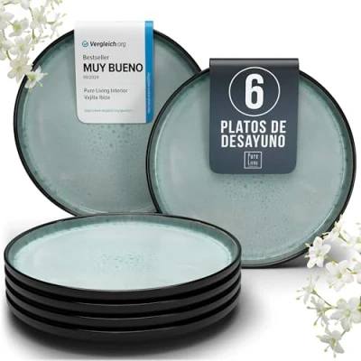 Imagen de Juego de 6 Platos Pequeños Ibiza en Gres para Desayuno y Postre Vajillas Completas Personas con Modernos Aptos Lavavajillas Microondas Pure Living verde salvia