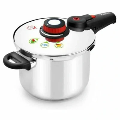 Imagen de MONIX Selecta Olla a presión rápida 4 litros con Sistema de selección Alimentos y Cierre automático, Acero Inoxidable 18/10, Plata