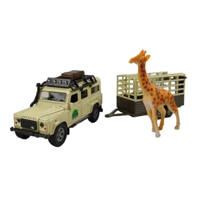 Imagen de Kids Globe Traffic Die Cast &#039;Landrover Defender&#039; (Pull Back, Jirafa Remolque), Color Beige/marrón/Negro (Van Manen 521723)