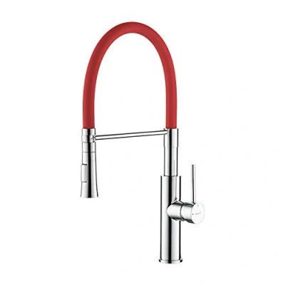 Imagen de Ibergrif, Grifo de Cocina Profesional con Ducha Mano y Caño Flexible, Griferia para Fregadero Monomando Extensible, Rojo, Plata