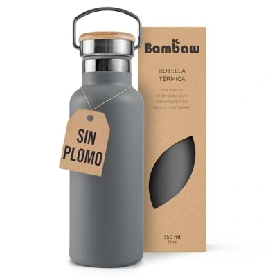 Imagen de Bambaw Botella térmica 750ml, reutilizable agua gris, acero inoxidable gimnasio, Cantimplora Gris antracita