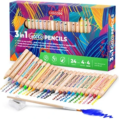 Imagen de colozoo Lápices de colores 3 en 1, juego 24 colores, incluye pincel y sacapuntas, no tóxicos veganos para edades más