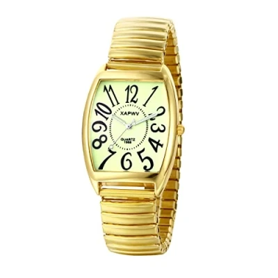 Imagen de JewelryWe Reloj para Hombre, de Cuarzo Hombre Simple y Claro, Luminoso, Gran Número, Escala, Barril Vino, Esfera Cuadrada, Fuerte Correa Elástica, Oro