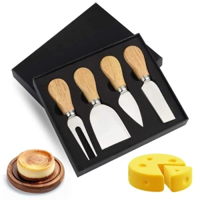 Imagen de Juego de 4 Cuchillos Queso Acero Inoxidable con Mango Madera, Cortador Cortadora Queso, Mini para Tarta, Postre, Ensalada