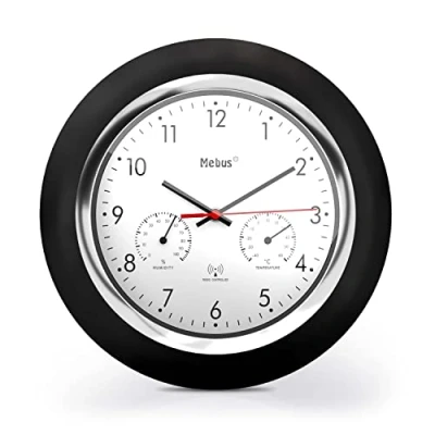 Imagen de Mebus Funk Wanduhr mit Thermometer und Hygrometer/Schwarzer Rahmen/weißes Zifferblatt / 24cm Durchmesser/Rund/Modell: 19453 Farbe: Schwarz, Weiß