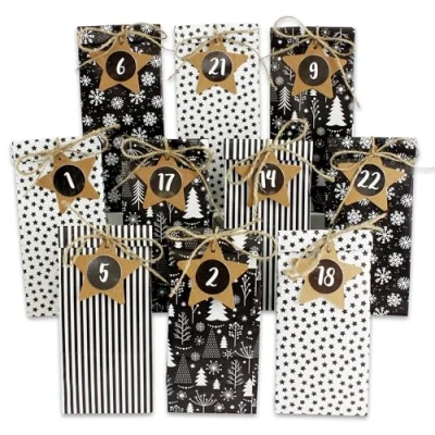 Imagen de Calendario de Adviento DIY para rellenar 24 bolsas regalo impresas y pegatinas números clips motivo blanco negro trastear regalar Navidad