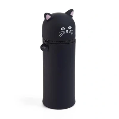 Imagen de Back2Fun Portatodo Cubilete Gato, Estuche Escolar un Compartimento, Extensible, de Silicona Textura Suave, Cierre Cremallera, Color Negro