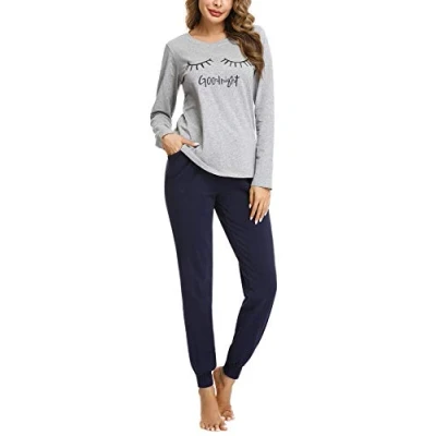Imagen de Sykooria Conjunto de Pijama Mujer Algodón Manga Larga Invierno Top y Pantalones Ropa Dormir Suave para Pjs Lounge Wear(Gris,XL)
