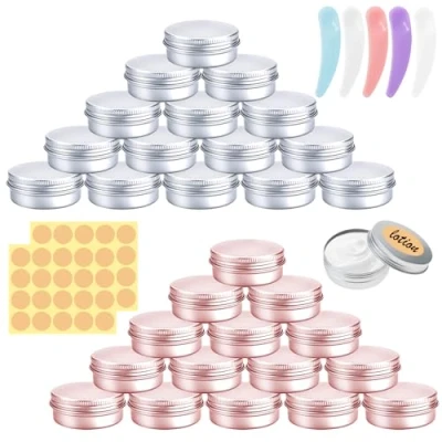 Imagen de Zeuwets 30 Piezas Tarros de Aluminio, 15ml Contenedores Cosmético Viaje, Envases Vacío Pequeños, Latas Aluminio con Tapas, Mini Espátulas y Etiquetas para Cosmética Crema Loción (Plateado/Rosa)