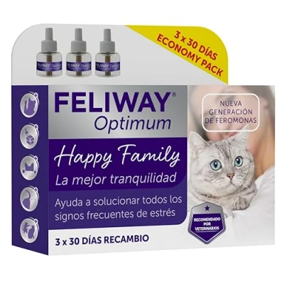 Imagen de FELIWAY Optimum Nueva Generación de Feromonas Soluciona Todos los Signos estrés del Gato Arañazos, miedos, Cambios, marcaje con orina y conflictos Entre Gatos (3 recambios)