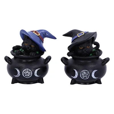 Imagen de Nemesis Now Black Cat Cauldron Figurines Hubble and Bubble Witches Figuras Familiares de Gato Negro y caldero, Resina, 8 cm, 2