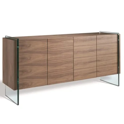 Imagen de Angel Cerdá Aparador Nogal Patas Laterales Cristal Templado y Cuatro Puertas de Salón Moderno Funcional Mueble con Almacenaje Espacioso 170 x 43 77 cm