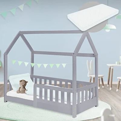 Imagen de ML Design Cama Infantil Gris con Colchón De Espuma Fría 70x140 cm Protección Anticaída Techo Somier Estructura Listones Madera Maciza Pino para Niñas Y Niños Forma Casa Cuna Estable Juego