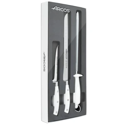 Imagen de Arcos Set Corte Forjado 3 piezas Acero Inoxidable Nitrum y Hoja mm. Cuchillo Cocina Profesional para Cocinar. 755 gr. Mango Ergonómico Polioximetileno POM. Serie Riviera Blanc. Color Blanco.