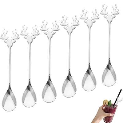 Imagen de 6 piezas Cuchara de café alce acero inoxidable para postres Cucharilla mezclar navidad creativa Vajilla （plata）