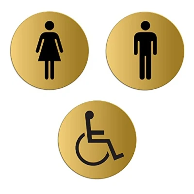 Imagen de Placas de puerta Mujeres Hombres Minusválidos Ø 75 mm Conjunto 3 Aluminio anodizado en oro mate autoadhesivo No. 6702 M