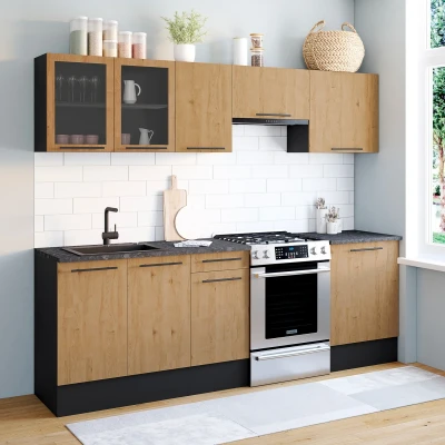 Imagen de Cocina completa SUBTIL 240 cm con vitrina + encimera 7 elementos madera y negro
