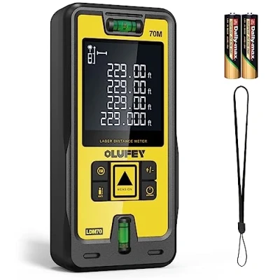 Imagen de Medidor láser 70m,Olufey Telémetro de Herramienta Medición Digital Portátil Láser,Telémetro con Nivel Burbuja y Retroiluminación LCD Grande ip54 (Incluida la Batería)