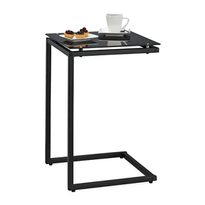 Imagen de Relaxdays Mesa Auxiliar Forma de C, 60 x 40 40cm, Mesita Latera, Minimesa Café, Metal y Cristal, Tablero Vidrio, Negro, Acero