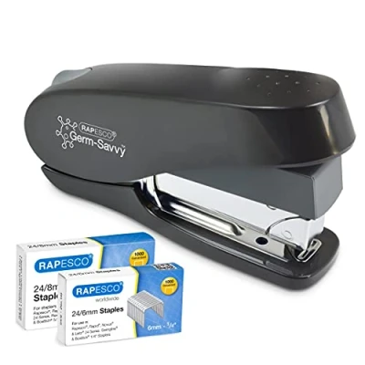 Imagen de Rapesco 1466 Germ Savvy Antibacteriano ECO Grapadora Luna Esfuerzo Reducido con 2000 Grapas, 50 Hojas de Capacidad, Negro