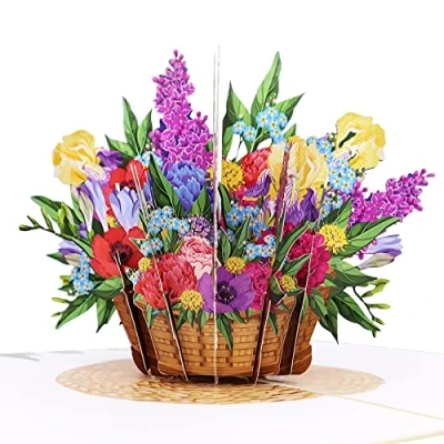 Imagen de MOKIO® Tarjeta de Flores Pop Up Cesta colores felicitación 3D para un cumpleaños, como vale o regalo dinero, emergente con sobre