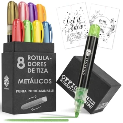 Imagen de OfficeTree 8x Rotulador Tiza Liquida Metálicos Puntas Intercambiables de 1mm a 6mm Rotuladores Ventana Borrable Pizarra Negra Cristal Chalk Markers