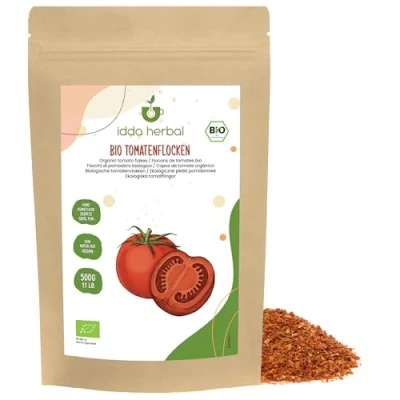 Imagen de Copos de tomate ecológico, tomates ecológicos cultivo ecológico controlado, polvo picante para pizza 100% natural, gránulos sin aditivos (500 GR)