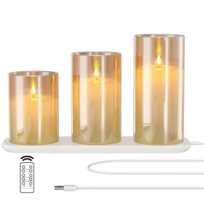 Imagen de EXTSUD velas LED sin llama parpadeantes con estación de carga y mando a distancia, juego 3 cristal, recargables, función temporizador, románticas, decoración para salón, color