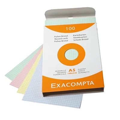 Imagen de Exacompta Bristol Tarjeta de registro, Cuadrícula (5x5), A5, paquete 100 tarjetas, Surtido, tarjetas