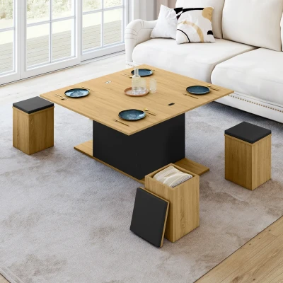 Imagen de mesa de centro rectangular convertible en comedor EDEN madera y negro con reposapiés