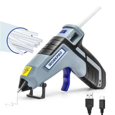 Imagen de WORKPRO Pistola de Silicona Caliente Inalámbrica con 20 Barras (7x100 mm), 3,6V Pegamento Termofusible Boquilla Menos Goteo, USB C Recargable, Ideal para Bricolaje y Decoración