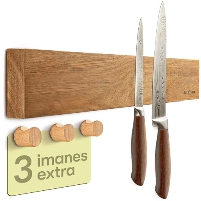 Imagen de Barra Magnética Para Cuchillos 40cm Soporte Magnetico Autoadhesivo en Madera De Acacia FSC® Con Imán Extrafuerte 3 Ganchos Toallas Fácil Motaje